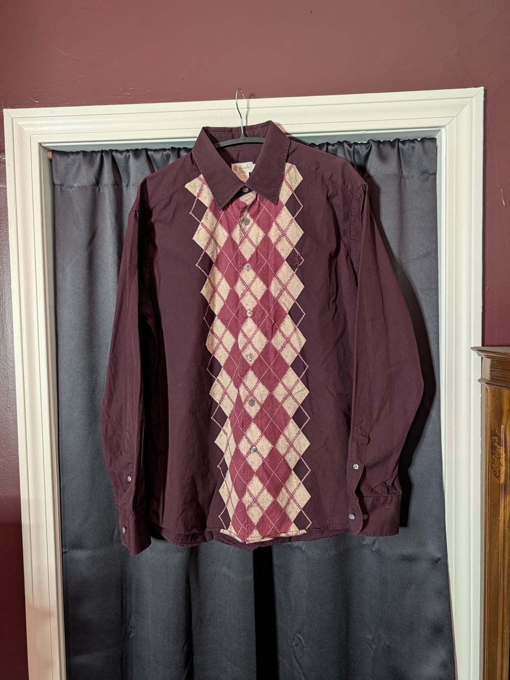 Pringle Of Scotland VTG Burgundy Argyle Print Dragon Logo up Shirt 16.5